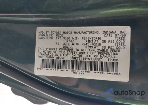 2000 Toyota Tundra Sr5 V8 from USA, damaged, VIN 5TBRT3414YS009367